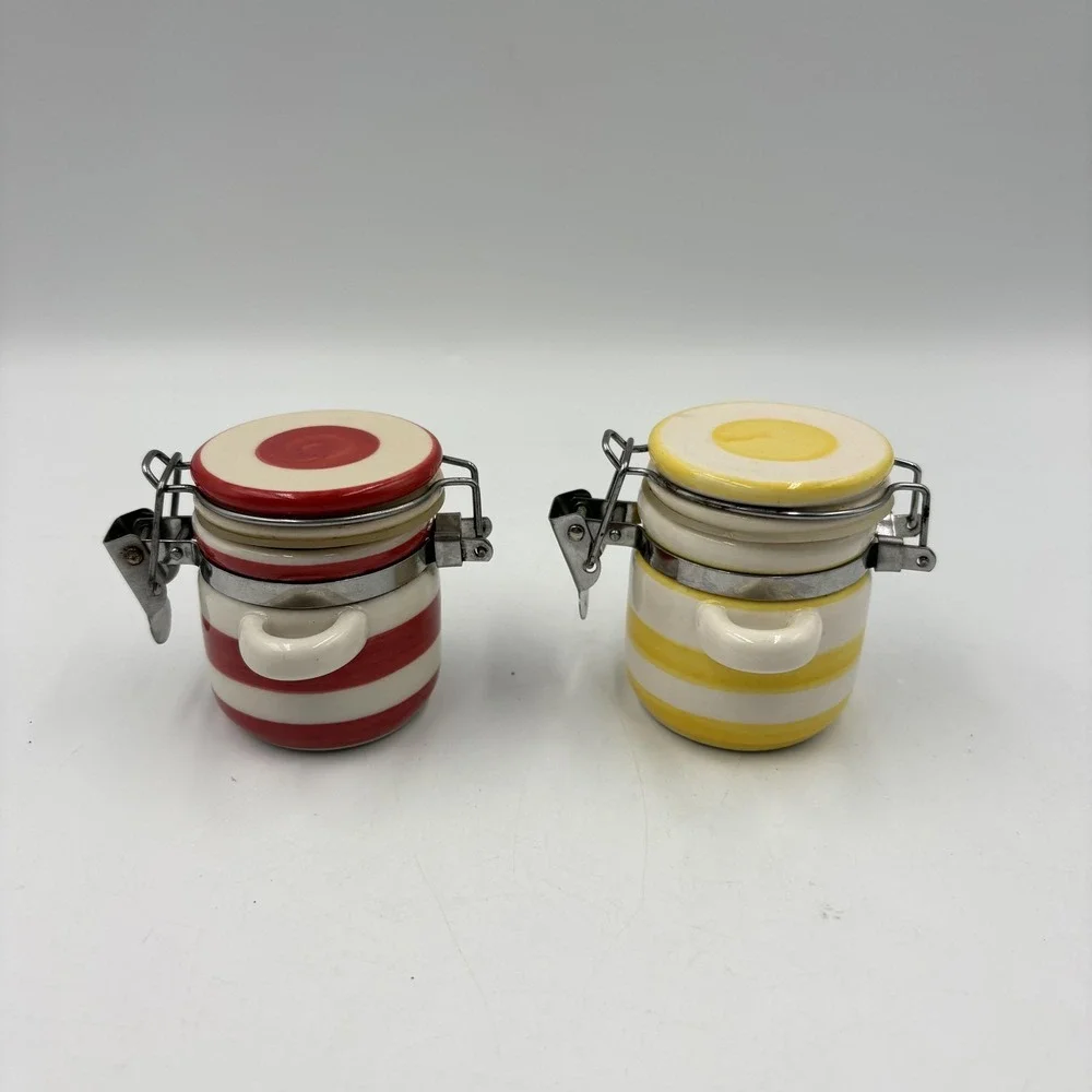 Striped Ceramic Jam Jars Set Of 2 Red‎ Yellow Clamp Lid Airtight Kitchen Storage